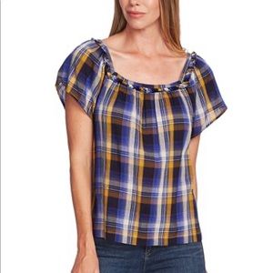 Vince Camuto Sunset Plaid Square-Neck Blouse Blue